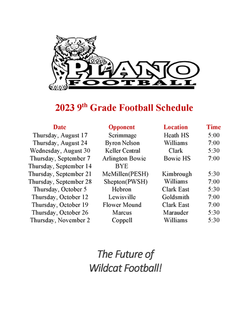 9th Grade Football Schedule. Link available on this page for a pdf version.
